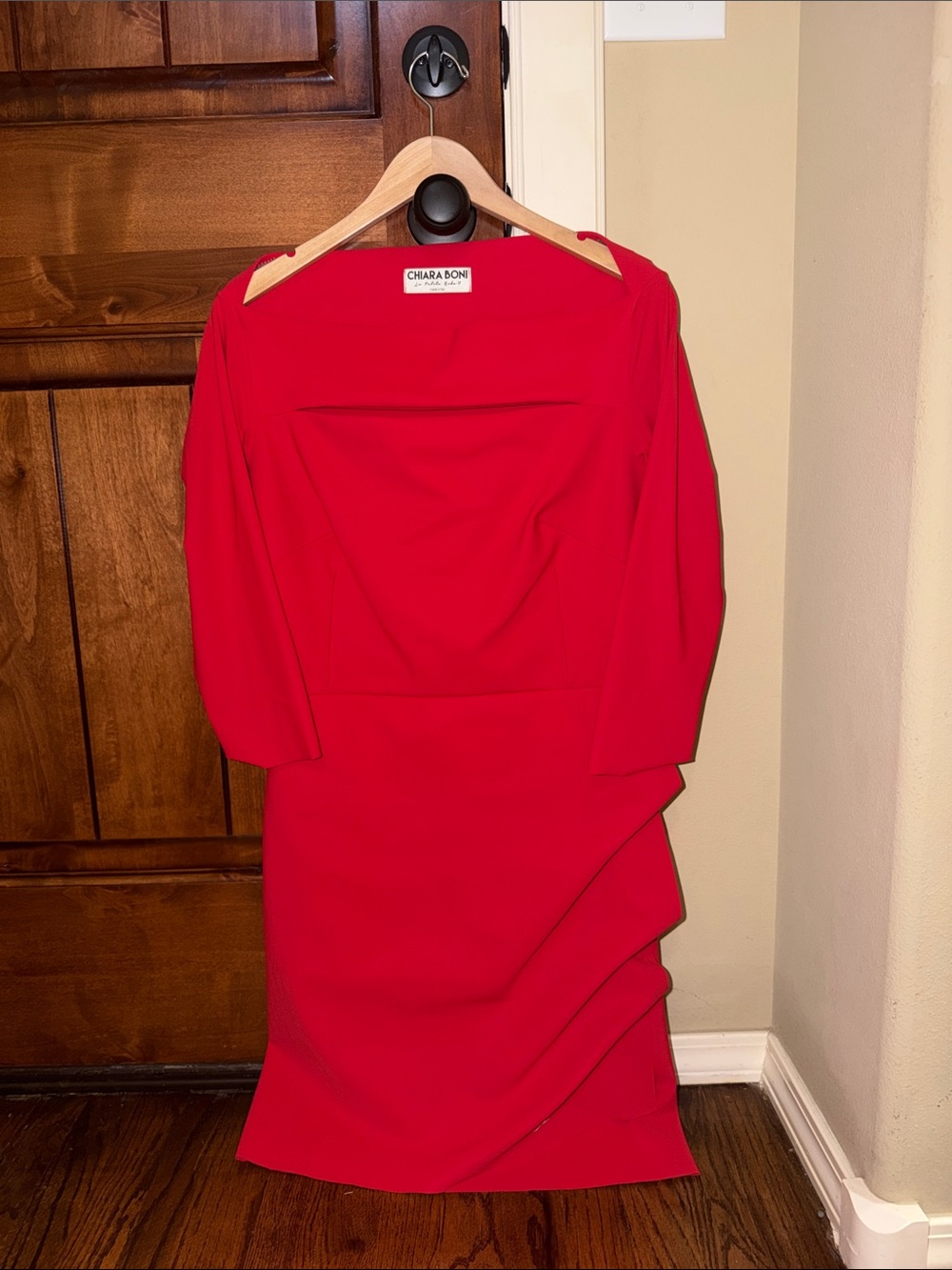 Chiara Boni Vibrant Red Midi Sheath Dress with Draped Side Detail